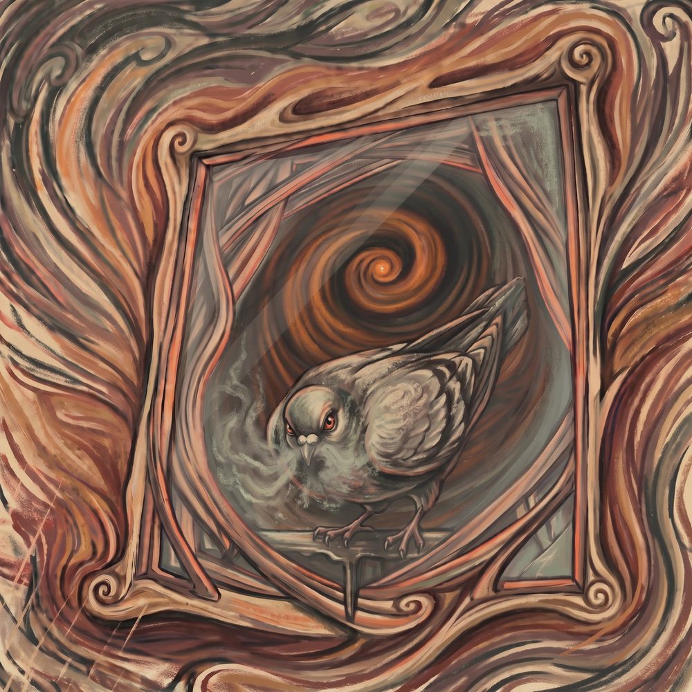 Here we Go! track art: the pigeon perched behind an unbroken window, breath fogging the glass