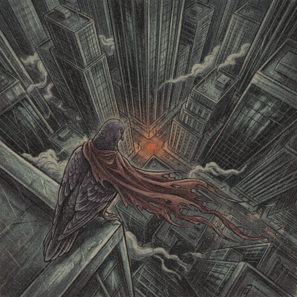 Superhero! track art: the pigeon in a torn red cape on a skyscraper ledge over a night city