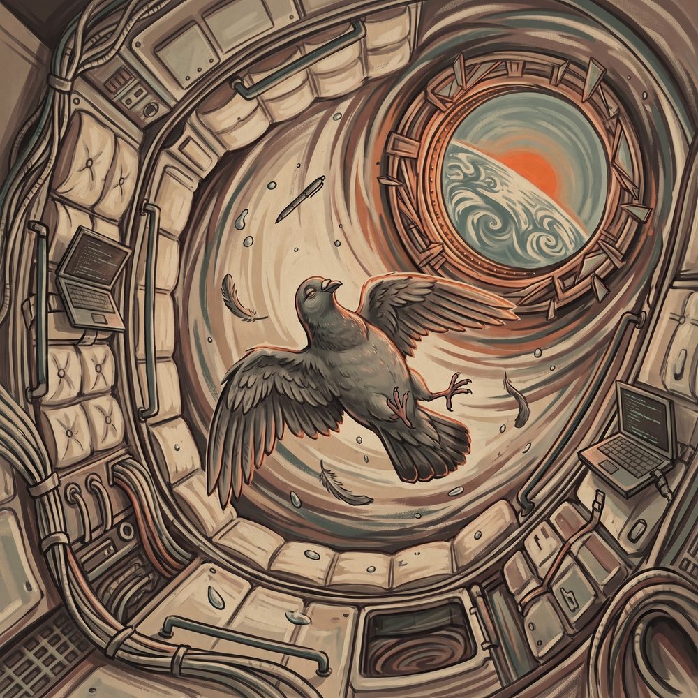 Affirmative! track art: the pigeon floating weightless inside a space station, Earth through the porthole