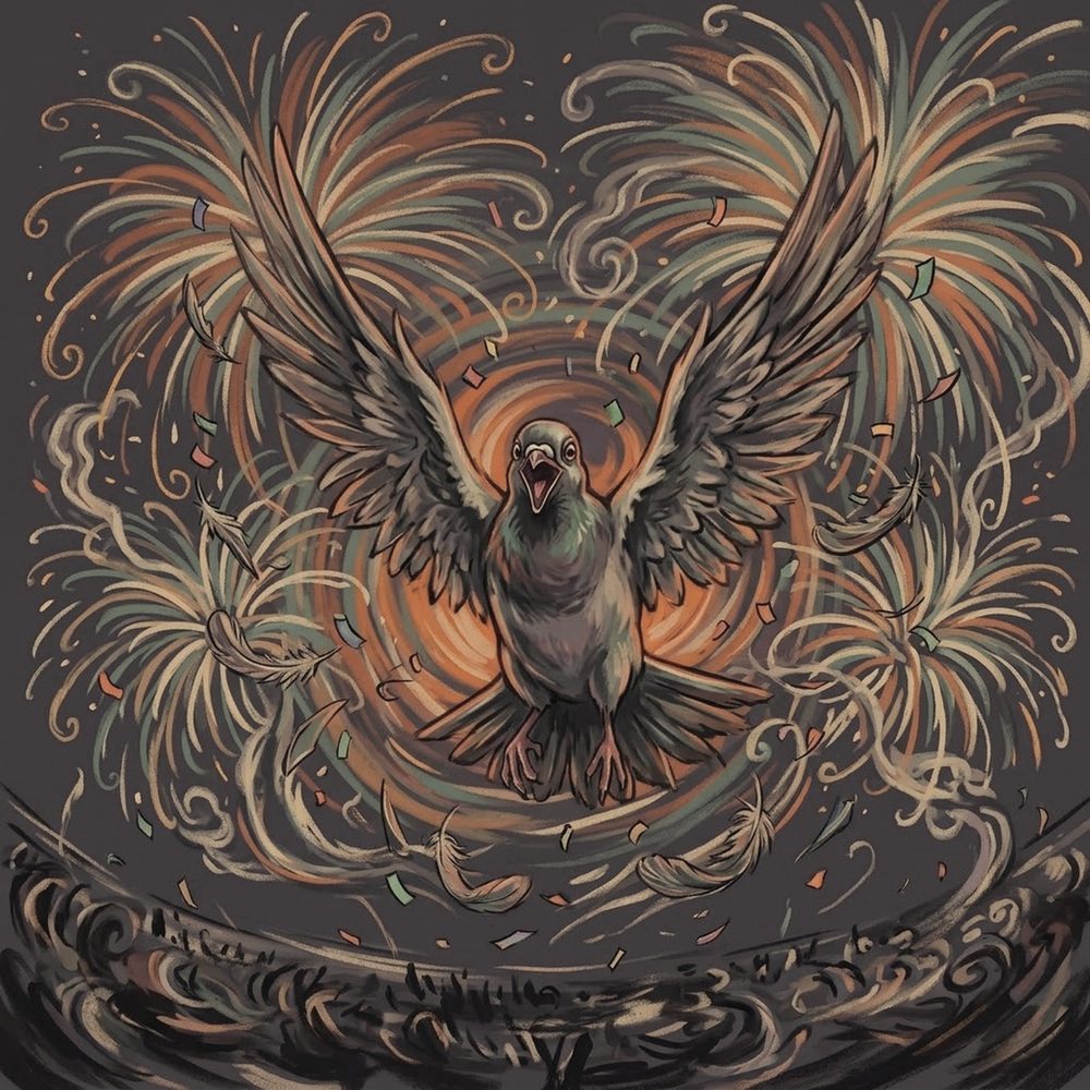 Oh Yeah! track art: the pigeon mid-scream with wings up under swirling fireworks