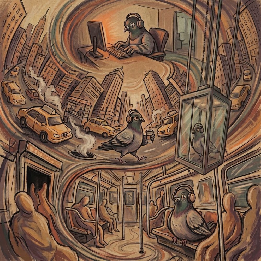 Skyscraper! track art: the pigeon's commute, subway to the New York streets to an elevator to a desk