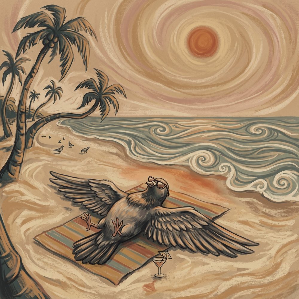 The Beach! track art: the pigeon on its back on a towel with sunglasses and a tiny umbrella drink
