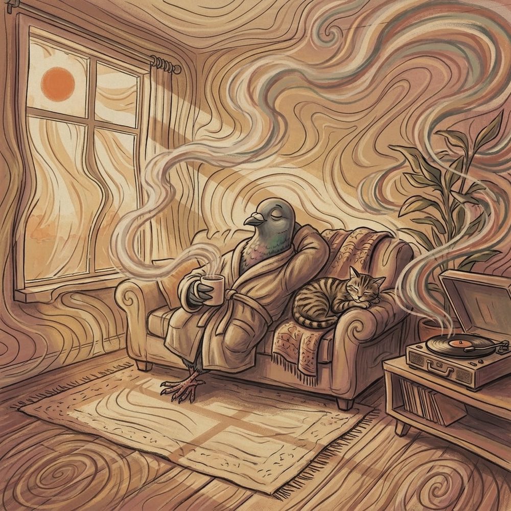 Saturday Morning! track art: the pigeon in a bathrobe on the couch with coffee, a record playing