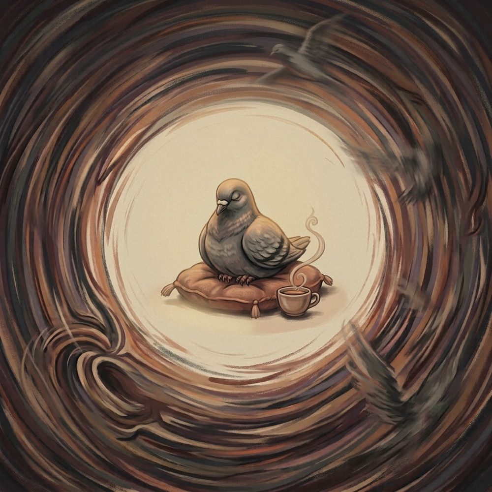 Relax! track art: the pigeon sitting still on a cushion while a whirlpool of chaos spins around it