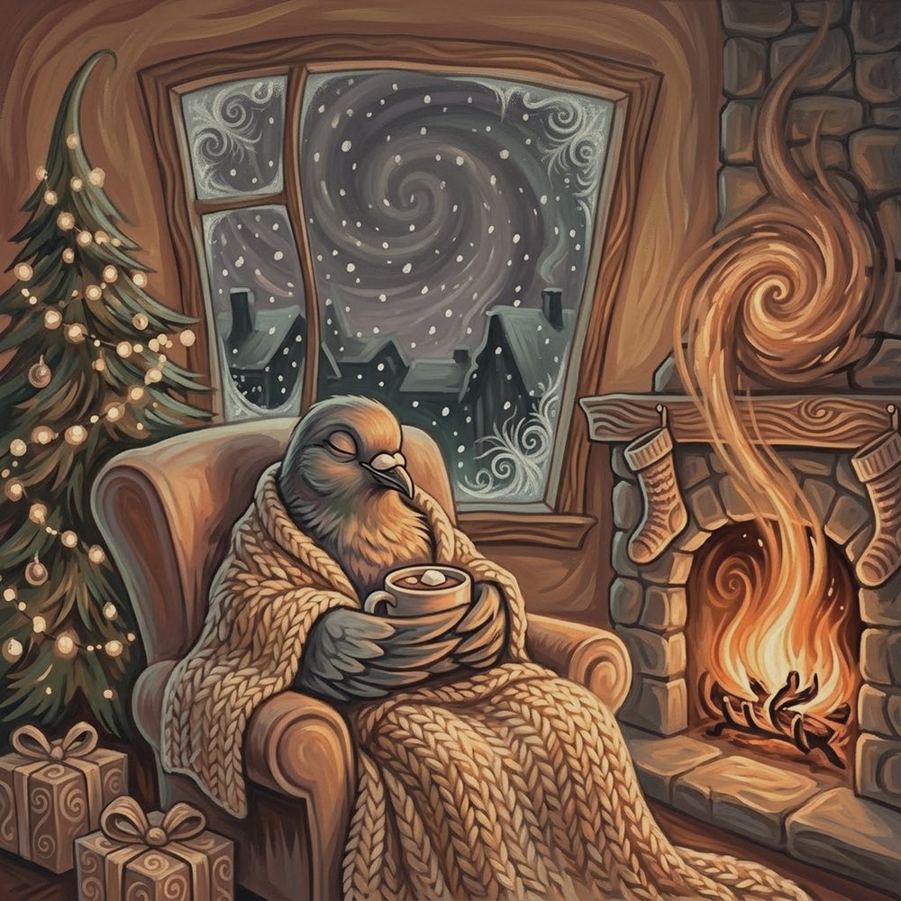 Christmas! track art: the pigeon in an armchair by a fire with cocoa, snow falling outside