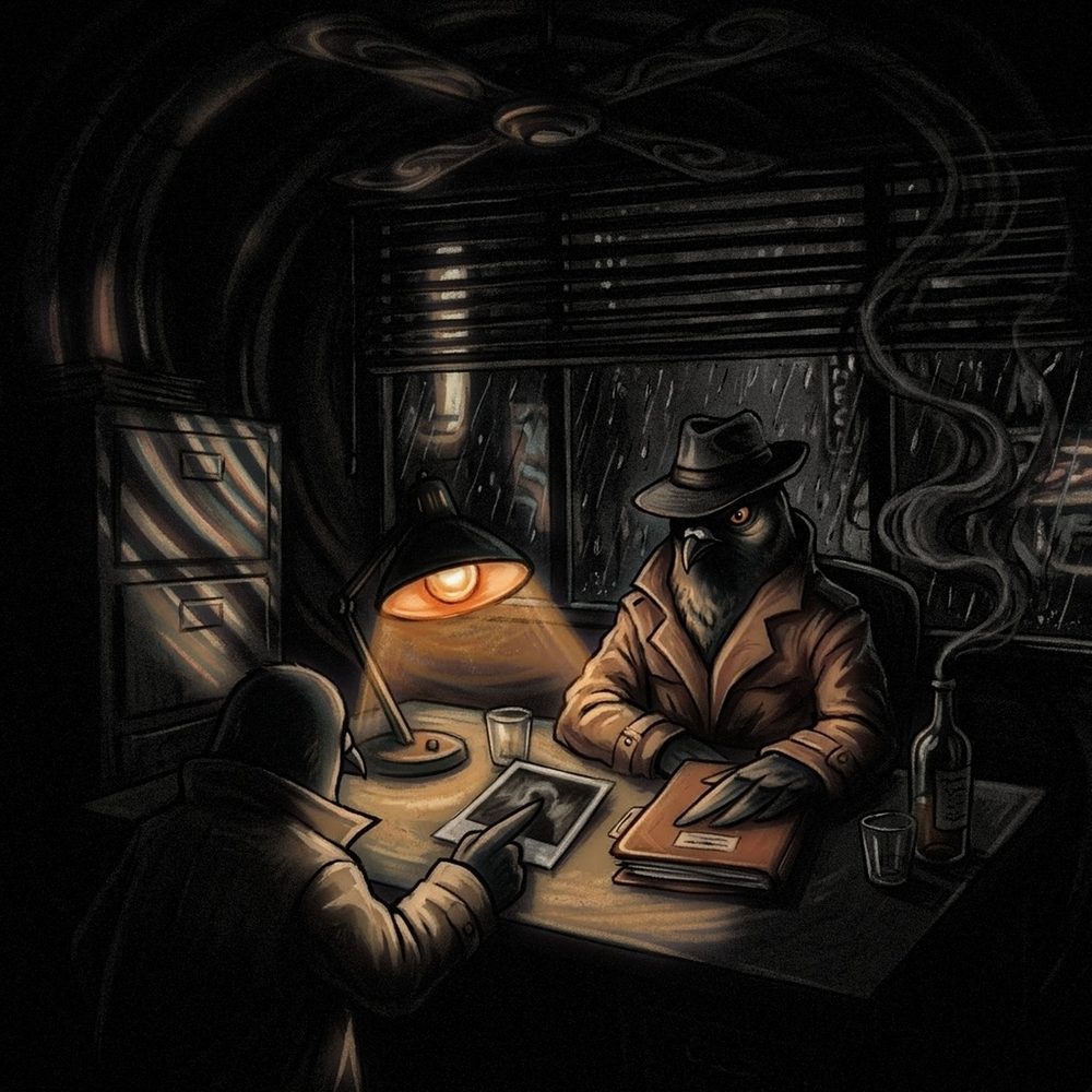 The Detective! track art: a noir office, the detective pigeon and a rookie across a desk lit by one lamp