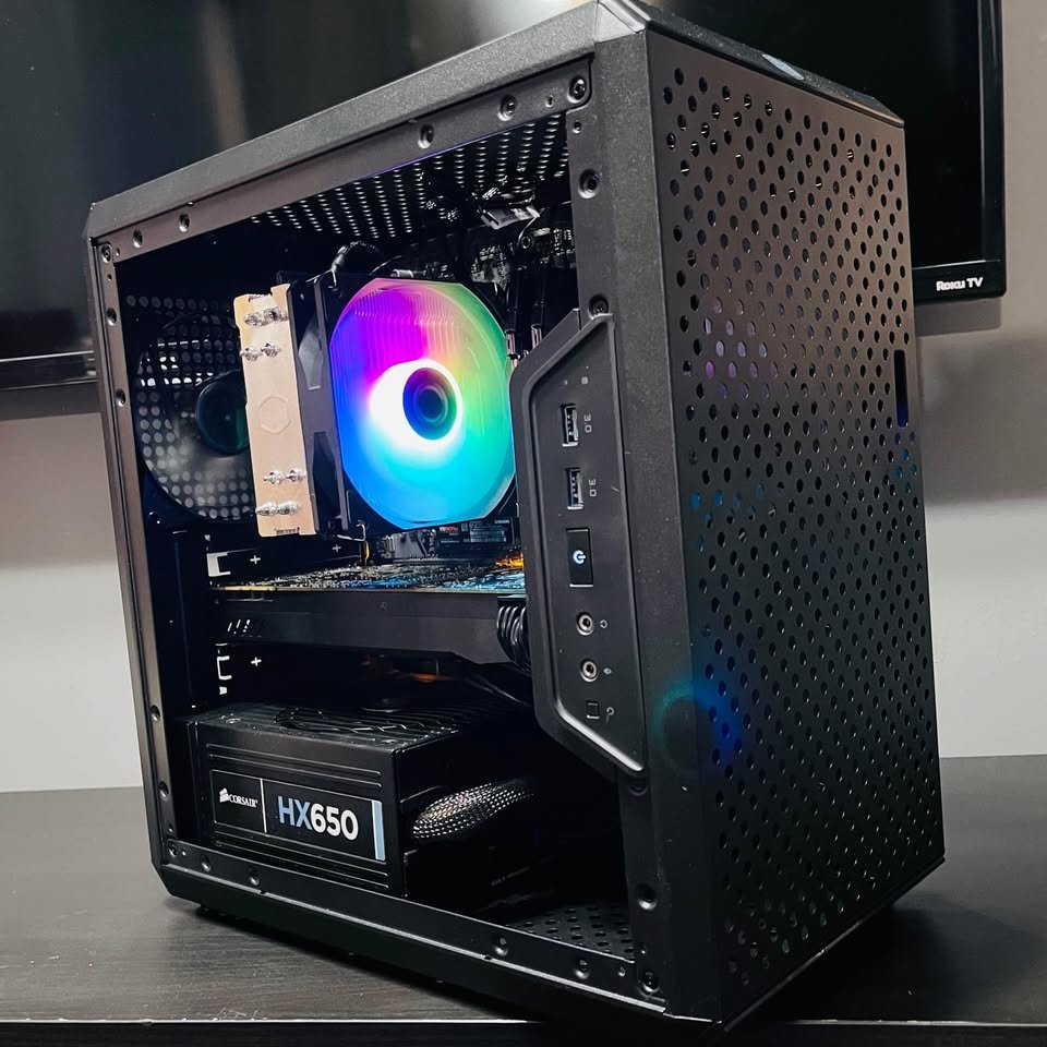 Budget Micro-ATX gaming PC front view with Ryzen 5 5600 and GTX 1070