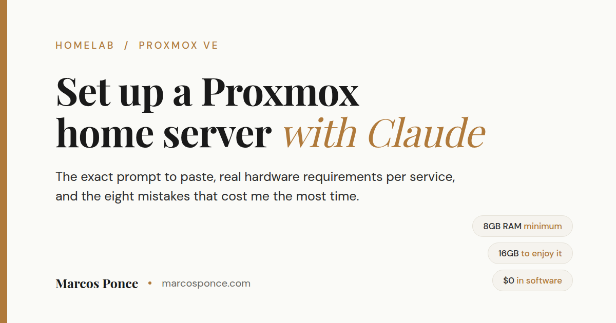 Title card for a guide to Proxmox home server setup with Claude