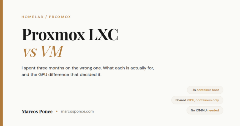 Title card for a guide comparing Proxmox LXC containers and virtual machines