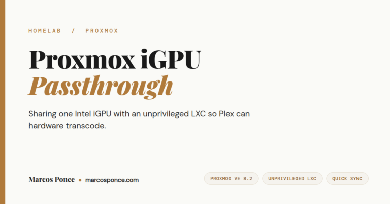 Title card reading Proxmox iGPU Passthrough, sharing one Intel iGPU with an unprivileged LXC so Plex can hardware transcode.