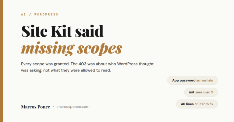 Title card for an article about Site Kit returning missing_required_scopes to WordPress application password requests