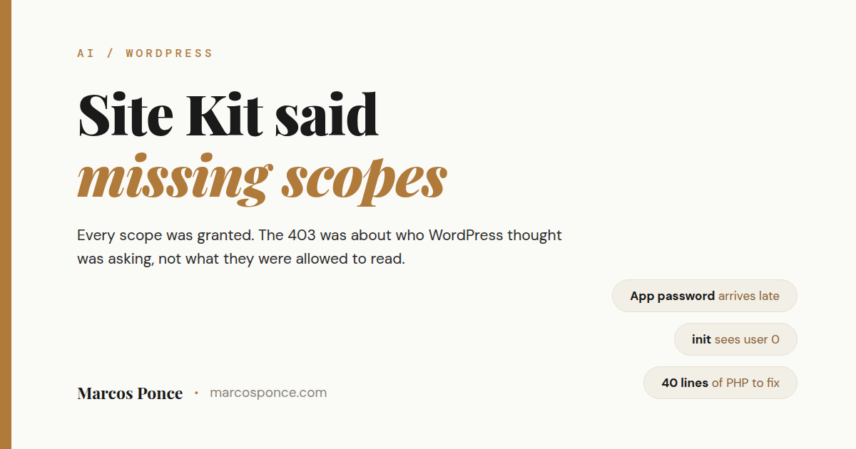 Title card for an article about Site Kit returning missing_required_scopes to WordPress application password requests