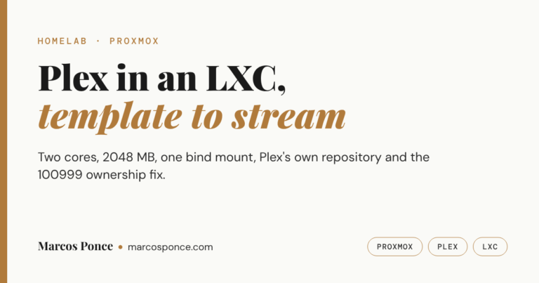 Title card: Plex in an LXC, template to stream. Two cores, 2048 MB, one bind mount and the 100999 ownership fix.
